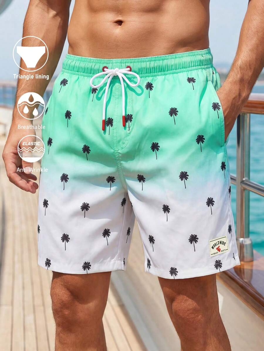 Manfinity Swimmode Pantalones cortos de playa con cordón en la cintura y estampado de palmeras para hombres - Verde - Ver 1