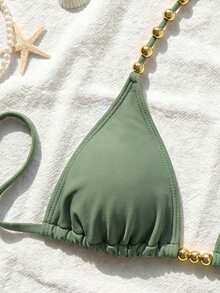 Swim Basics Áo bikini nữ gợi cảm buộc dây cổ, điểm nhấn hạt vàng, hàng mới về mùa hè. - xanh quân đội - Xem 5