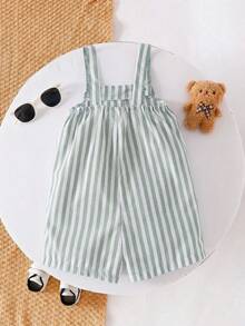 Genkimix Kids 新款可爱熊头休闲蓝白条纹口袋男童背带裤，带纽扣 - 薄荷綠 - 查看 2