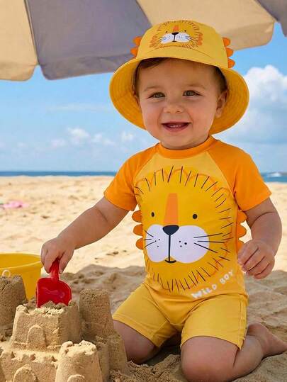 SHEIN GraphicGems Baby Boy Cartoon Tiger Printed Back Zipper One-Piece Swimsuit With Side 3D Decoration