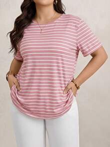 Zelara 大码圆领条纹印花短袖休闲日常秋季T恤旅行装机场穿搭 - 粉色 - 查看 5