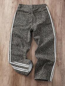 Manfinity Joysei Men's Street Fashion Leopard Print & Striped Washed Straight Leg Jeans - Multicolor - View 2