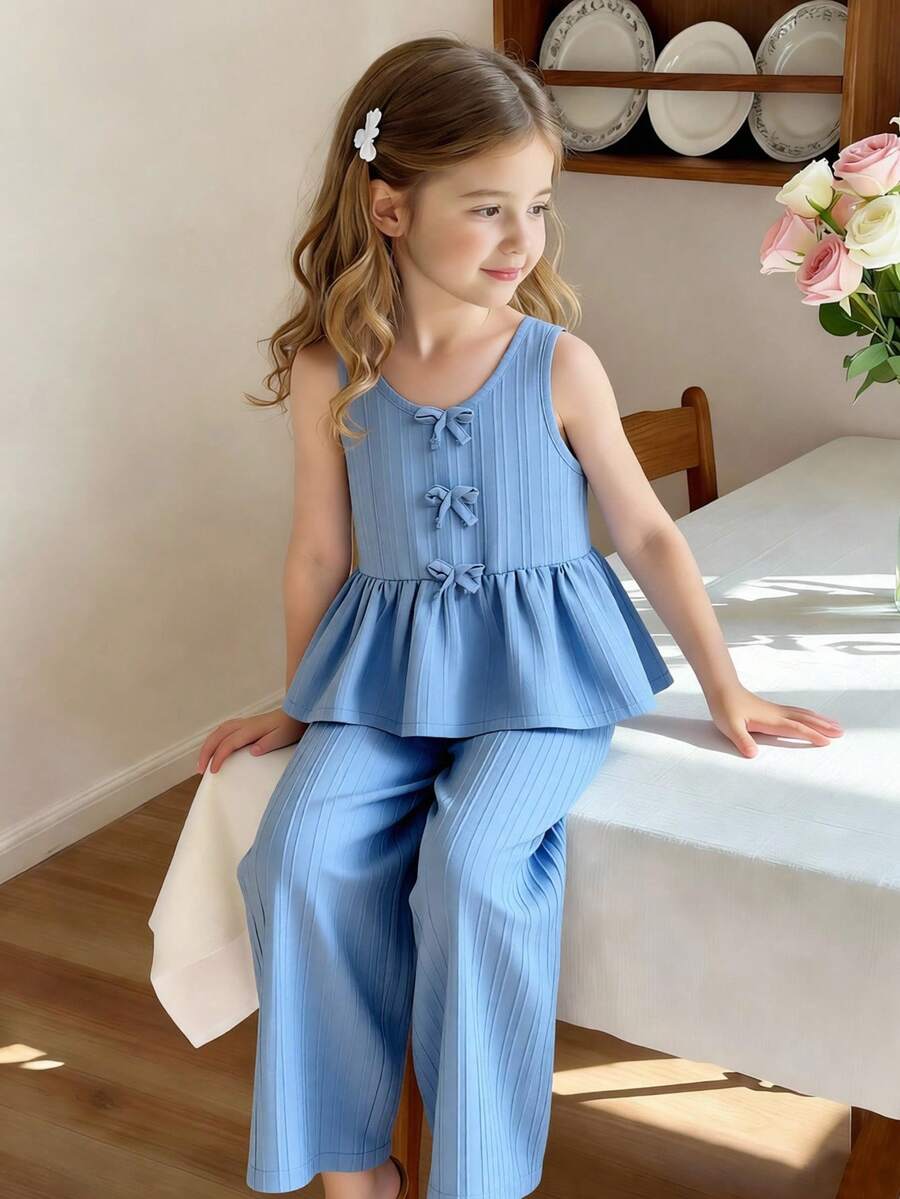 SHEIN 女童（小号）蝴蝶结条纹印花上衣和印花休闲裤套装，适合夏季穿着 - 藍色 - 查看 1