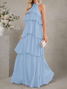Vestido largo y fluido con cuello de halter y volantes en capas de color rosa elegante para vacaciones de verano - Celeste - Ver 6