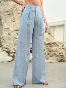 MOTF PREMIUM WOMEN'S LINEN BLEND DENIM EFFECT PRINT PLEATED WIDE LEG SUIT PANTS - Light Wash - View 4