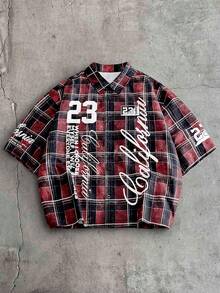 AXEPEAK Camisa casual de manga corta con botones, estampado de letras y cuadros para hombres - Multicolor - Ver 6