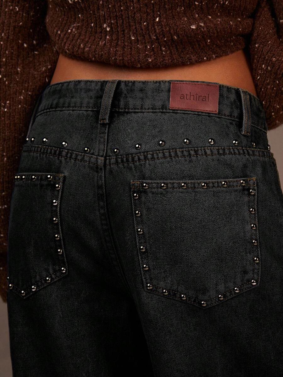 Athîral 女士铆钉直筒宽松牛仔裤，带腰带环 - 黑色 - 查看 1