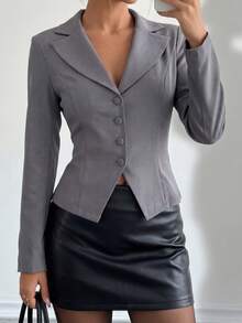 Ritzy Row Elegante chaqueta delgada de mujer de manga larga, ajustada a la cintura, de estilo sirena gris - Gris Oscuro - Ver 5