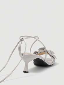 SheIn MOD Summer Light Grey Sardine Flower Square Toe Thin Heel Elegant Fairy Style Roman Ladies High Heel Sandals - Light Grey - View 4