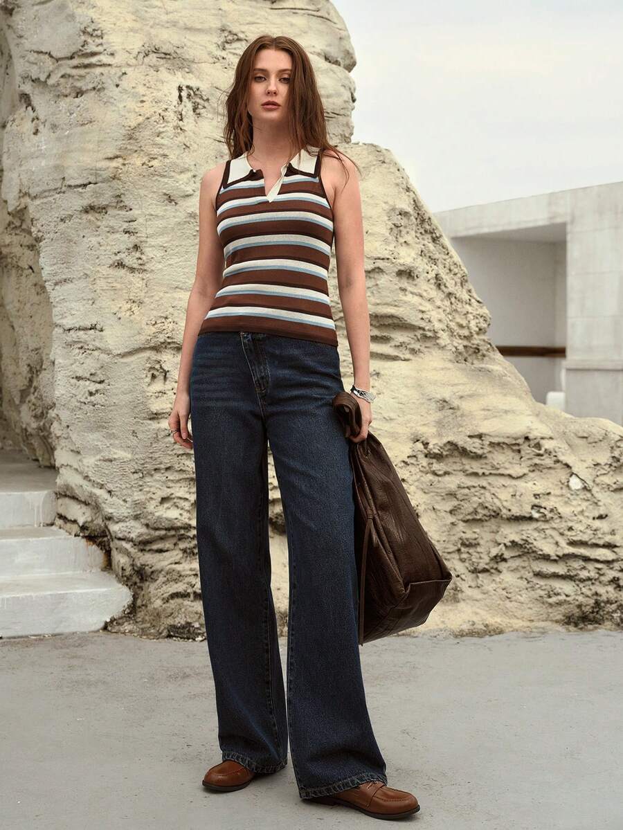 MOTF PREMIUM WOMEN'S STRIPED COLLAR SWEATER, SPRING/SUMMER - Brown - View 1