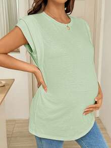 SHEIN Áo thun bầu màu trơn cổ tròn tay ngắn dáng rộng thoải mái - màu xanh lá - Xem 4