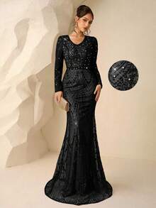 Coutiva Elegant Gorgeous Sequin Embroidery Long Sleeve Dress,Pearl Rhinestone Design Luxury Evening Gown,Formal Party Dinner Wedding Guest Dress For Women - Black - View 8