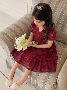 DAZY Girls Floral V-Neck Ruffle Trim Dress, Young Girl Fall Clothes - Burgundy - View 3