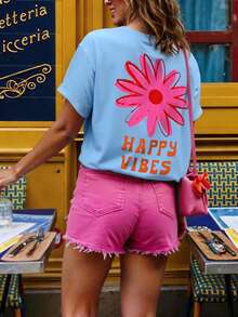 DrmWander Áo thun nữ, Áo thun ngắn tay in hình phong cách đường phố thường ngày, Áo mùa hè dễ thương, Bộ đồ đi nghỉ mát mùa hè cho nữ, Bộ đồ hè 2 mảnh cho nữ, Trang phục đi biển, Trang phục nghỉ mát cho nữ - Màu xanh lam - Xem 4