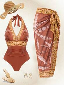 Swim Oasis 2026 Neue Große Größen Mehrfarbiger Platzierungsdruck Neckholder Ausschnitt Bindeträger V-Ausschnitt Geraffter Taille Passender Platzierungsdruck Bindeträger Mesh Rock Badeanzug, Schlanke einfache modische Strandurlaubs Einteiler für Frauen - Verschiedenfarbig - Übersicht 1