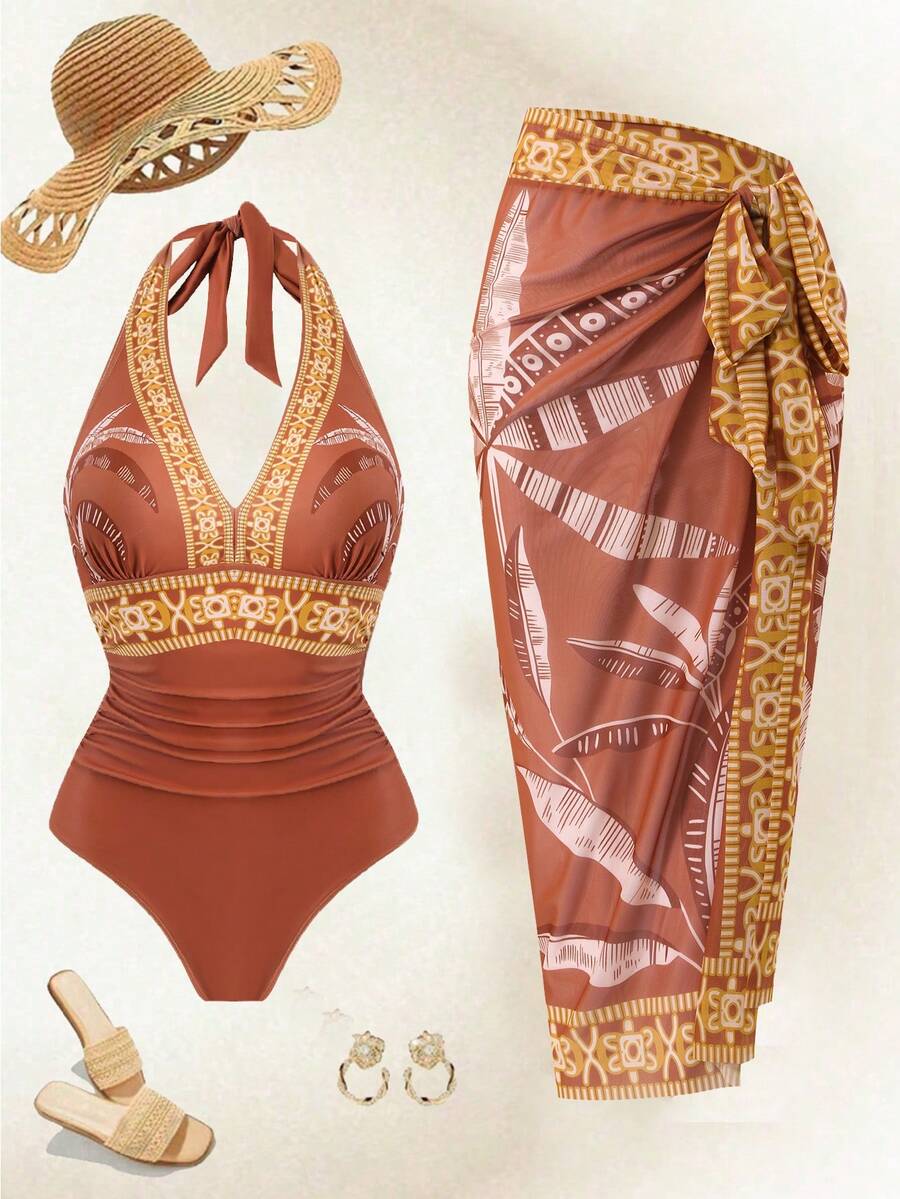 Swim Oasis 2026 Neue Große Größen Mehrfarbiger Platzierungsdruck Neckholder Ausschnitt Bindeträger V-Ausschnitt Geraffter Taille Passender Platzierungsdruck Bindeträger Mesh Rock Badeanzug, Schlanke einfache modische Strandurlaubs Einteiler für Frauen - Verschiedenfarbig - Übersicht 1
