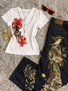 Glimmora Y2K复古日系花卉老虎印花T恤，女士休闲圆领舒适上衣，适合日常穿着 - 白色 - 查看 3