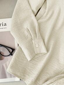 SHEIN EZwear Women's Apricot Woven Embroidered Long Sleeve Shirt And Pants Casual Suit - Apricot - View 7