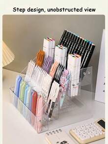 1PC Large Capacity Slanted Design Desktop Multifunctional Storage Clear Acrylic Pen Display Stand For Office School Home Desk Organization Pen Organizer Pencil Holder - Transparent - View 13