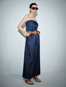 Lumivelle Women's Summer Elegant Navy Blue Jumpsuit,Denim Effect Bandeau Top Cinched Waist With Woven Belt,Loose Bottom Casual Retro Holiday Vacay Outfit Sets - Navy Blue - View 3