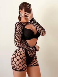 Swim SXY Women's Sexy Tight-Fitting Long Sleeve Hollow Out Jumpsuit, Fashionable Backless See-Through Beach Dress, Beach Cover-Up - Black - View 4