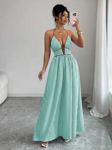 SHEIN Elenzya 女士度假条纹深V领休闲吊带连衣裙 - 湖藍色 - 查看 6
