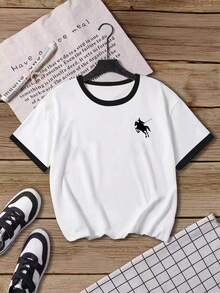 Tween Girls 2-Piece Set White Short Sleeve Tops With English Text And Horse Print,Summer Casual School Back-To-School Fashionable Sports&Comfortable - Multicolor - View 4