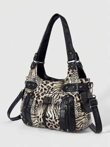 ROMWE Grunge Punk Fashion Leopard Print Hottie Bag Casual Women's Bag Women's Shoulder Bag Retro Tote Bag Commuter Women's Bag Punk Locomotive Women's Bag - Brown - View 2