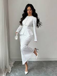 SHEIN PETITE Women's Elegant Pearl Button Blouse + Split Hem Skirt 2 Pieces Set - White - View 4