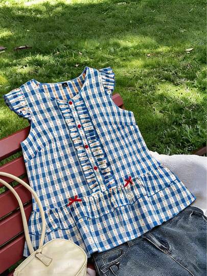 Sweetra Plus Size Blue Plaid Floral Print Casual Vacation Shirt With Flared Sleeves