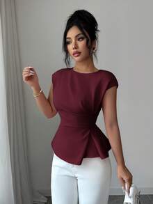 Elenzga 女士春季户外套装，适合新年、情人节、复活节、母亲节、中东派对、婚礼、优雅法式甜美浪漫度假职场等场合，船领无袖收腰喇叭下摆常规无袖衬衫，粉色 - 酒紅色 - 查看 4