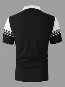 Manfinity Mode 男士条纹短袖休闲通勤 Polo 衫，正式场合 - 黑與白 - 查看 2