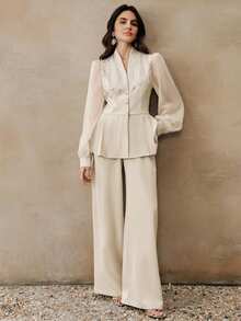 Anewsta这款优雅亮片刺绣修身休闲时尚女装套装，采用透气网眼袖设计，适合日常穿着、通勤或参加派对。 - 杏色 - 查看 3