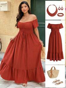 Vionelle Đầm maxi dáng chữ A trễ vai tay ngắn xếp ly xẻ tà, chất liệu jacquard hai tông màu thanh lịch dành cho nữ cỡ lớn, thích hợp cho mùa xuân/hè. - trái cam - Xem 9
