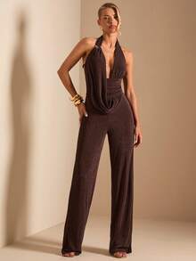 SHEIN BAE Women's Metal Clasp Decor Deep Draped Neck Jumpsuit, Spring/Summer - Brown - View 6