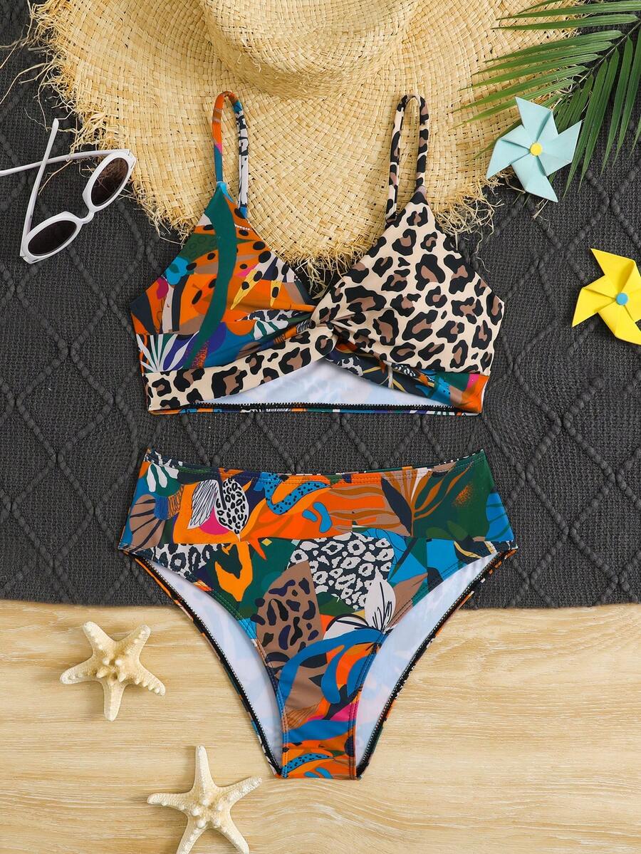 SHEIN 2件套少女格子碎花弹力速干舒适针织面料连体泳衣，适合海滩、泳池、冲浪、度假、夏季旅行 - 彩色 - 查看 1
