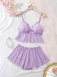 PetitDoll 2pcs Women's Lingerie Set With Floral Water-Soluble Embroidery And Sheer Mesh - Mauve Purple - View 6