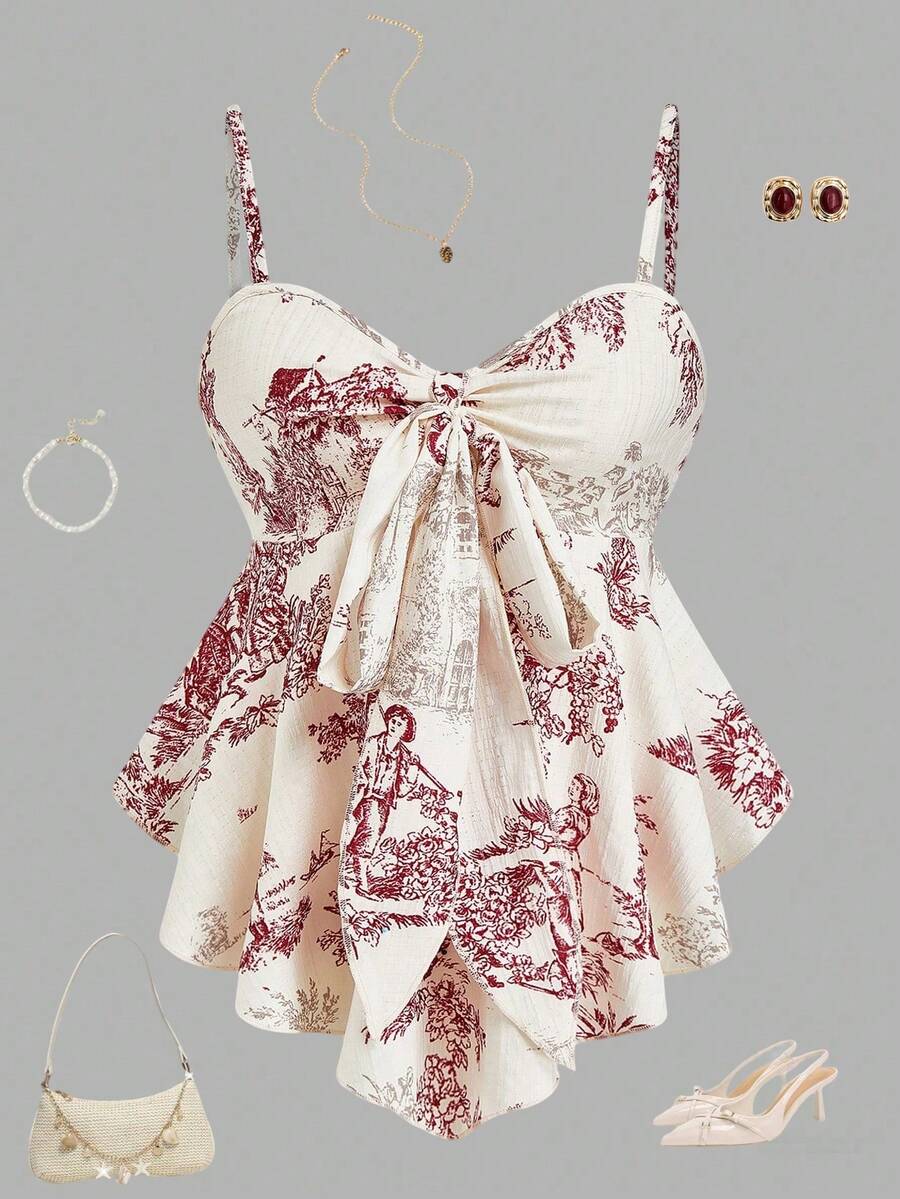 EMERY ROSE Women's Textured Print Fitted Camisole, Elegant For Vacation, Commute And Everyday Wear - Red - View 1