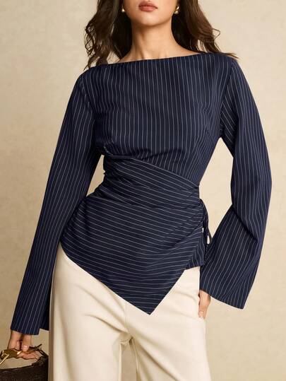 Poéselle Women's Striped Boat Neck Side Tie Casual Shirt, Boat Neck Top Women Blouse For Women Formal Occasion Business Casual Women Tops,