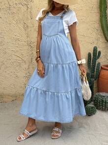 SHEIN 孕妇休闲牛仔连衣裙 夏季嘉年华服装 通勤 度假 毕业 时尚 Y2K 可爱 街头风 俏皮 派对 婚礼 优雅 商务休闲 女士 商务 海滩 毕业 复活节 女士无袖浅蓝色牛仔背带裙，带纽扣肩带和层叠荷叶边 复活节假日连衣裙 日常孕妇连衣裙 日常通勤牛仔连衣裙 - 藍色 - 查看 6