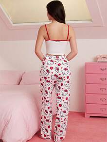 HELLO KITTY AND FRIENDS | SHEIN Women's White Camisole & Pink Trousers Pajamas Set, Cat Pattern, Bow Pattern, Cartoon Cute Y2K, Sweet, Daily, Home, Leisure, Summer - White - View 2