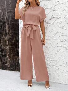 SHEIN Clasi 夏季优雅女士蓝色凉爽亚麻褶皱面料短袖连体裤，带肩袖和系腰带，适合各种场合，日常旅行、外出等。 - 藕粉色 - 查看 5