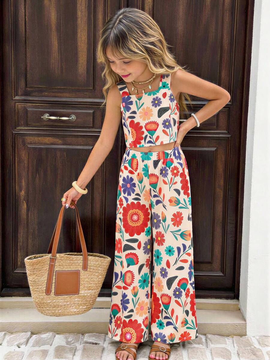 Tween Girls' Floral Print Sleeveless Top And Wide Leg Pants Casual Outfit - Multicolor - View 1