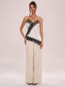 Avenya 薄纱蕾丝拼接不对称下摆吊带背心 - 白色 - 查看 5