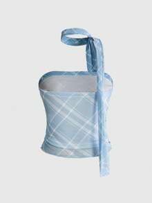 ROMWE Grunge Punk Y2K复古格子围巾抹胸上衣和格子低腰鱼尾裙两件套 - 淺藍色 - 查看 6