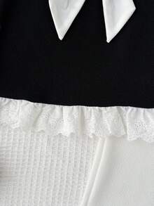 Cute Young Girls Black Colorblock Bowknot Ruffle Round Neck Long Tank Top Co-Ords - Black - View 4