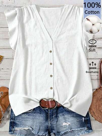 SHEIN LUNE قميص قطن 100% كاجوال بسيط للنساء، مناسب للارتداء الصيفي