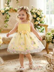 女婴夏季新款紫色罗纹花卉刺绣荷叶边下摆简约时尚可爱甜美吊带裙 - 黃色 - 查看 3