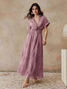 Anewsta Women's Summer Elegant Pink Floral Tea Party Purple V-Neck Twist Knot Embroidered Long Dress,Minimalist Waist Cinched Shirt Dress For Work & Vacation - Purple - View 4