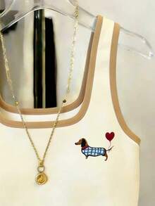 Resyla Contrast Color Dog Print Fitted Women Tank Top - Apricot - View 4